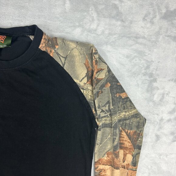 Trail Crest T Shirt Mens Large Black Camo Long Sleeve Outdoor Tee Woodland - Picture 5 of 14